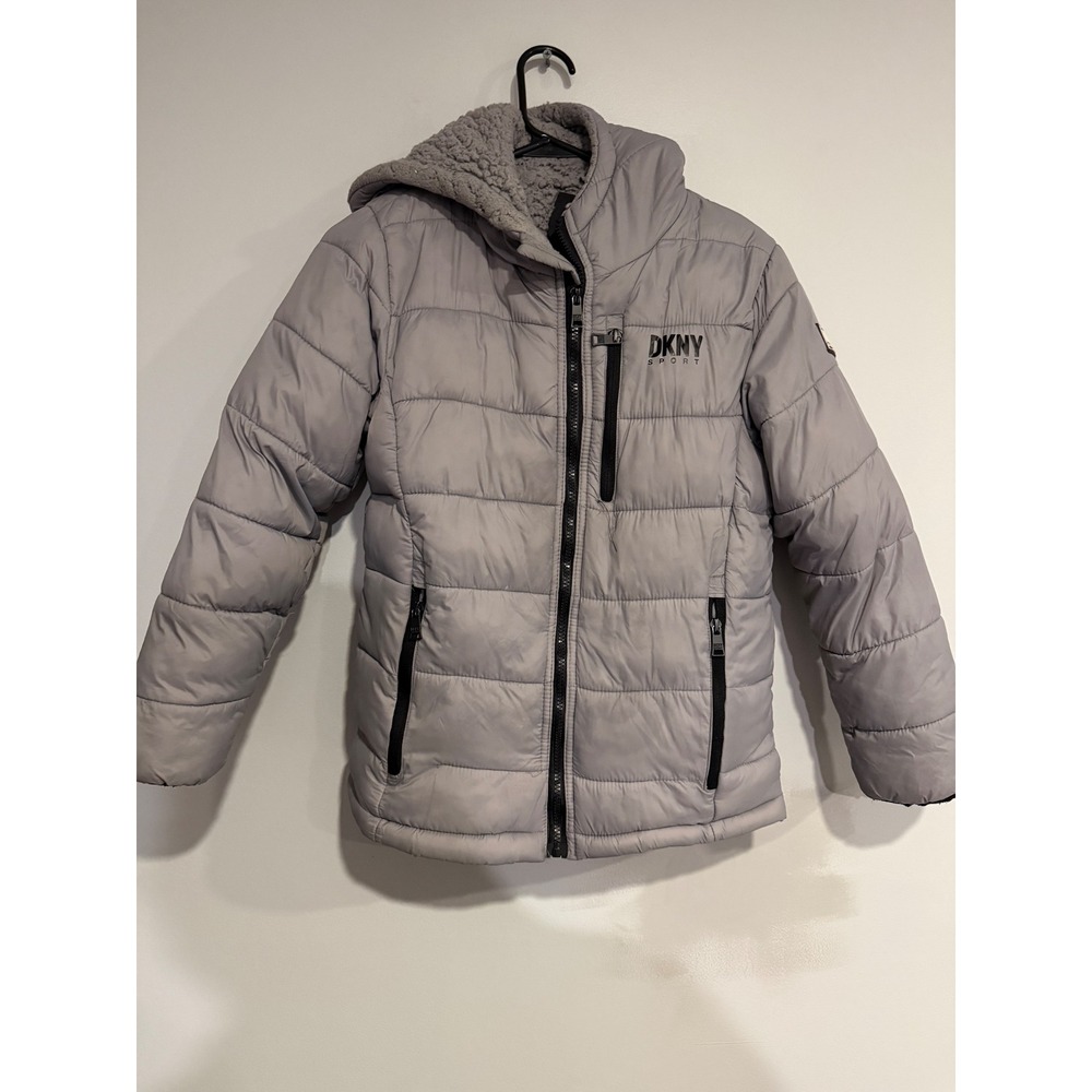 DKNY Sport Kids Grey Puffer Jacket Hooded Sherpa Lined Size M 10 12